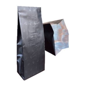 100 Bolsas para 500g Estampado de granos Negra para cafe Laminada Tricapa con fuelle